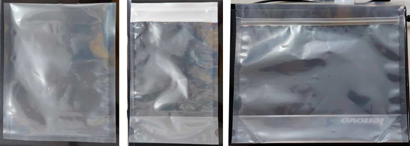 Más ejemplos de bolsas fabricadas con la selladora Velos 601SP. De izquierda a derecha: bolsa de vacío 5 capas, bolsa vertical con cierre zipp, bolsa doypack con sellado K.