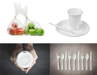 Ejemplos de productos producidos a partir de los bioplásticos GEMABiO®. Bolsas, vasos, cubiertos, etc.