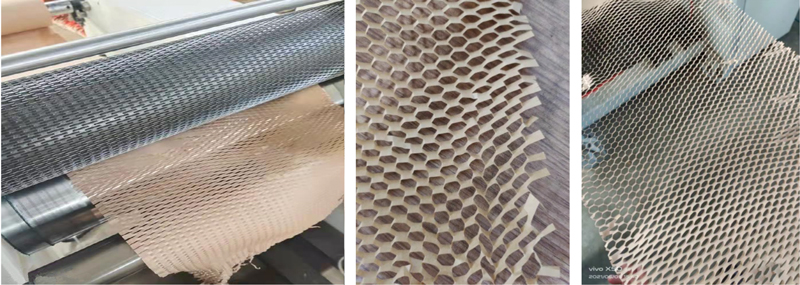 Detalles del rodillo troquelador y el papel nido de abeja fabricado con la máquina.